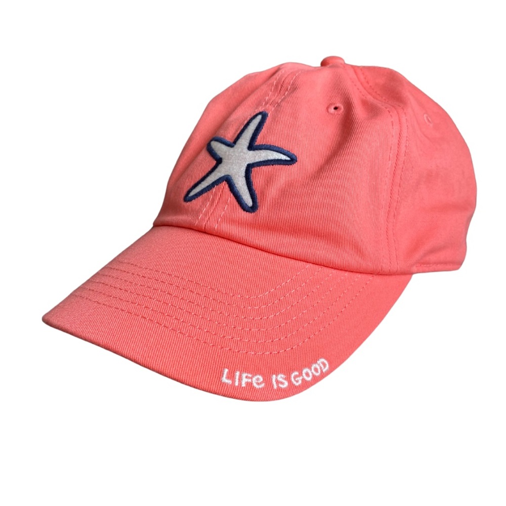 Pink baseball cap. Life is Good hat.